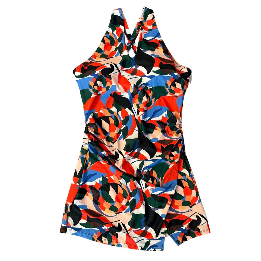 Jasambac Modest Swim Dress Size L Floral Print One Piece Skirted New NO BRIEFS